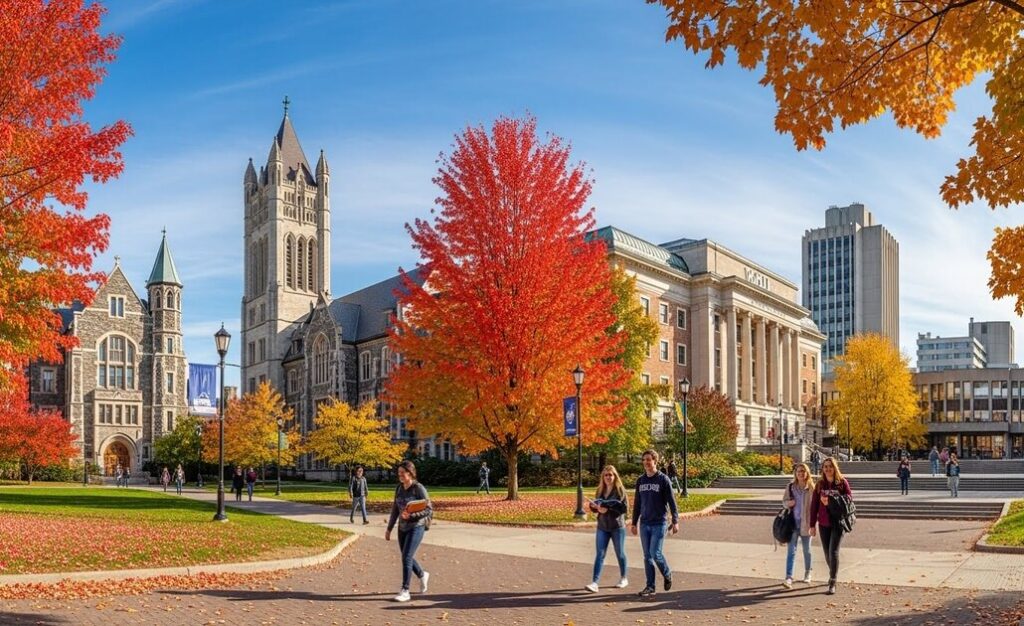カナダの大学のキャンパスを歩く学生