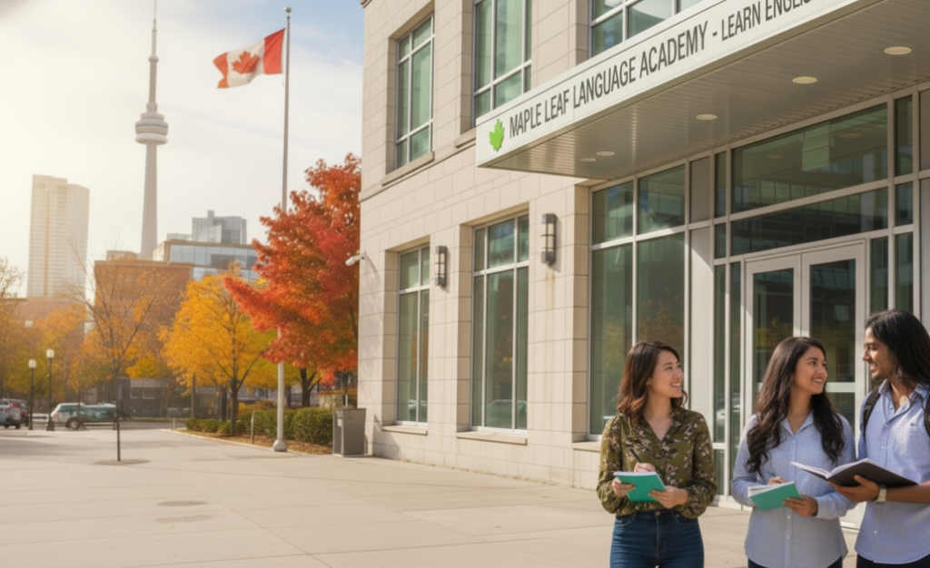 カナダの語学学校の前で談笑する生徒たち