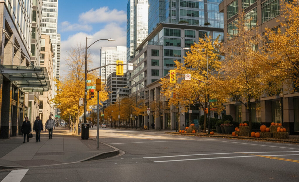 - カナダの街路を彩る鮮やかな秋の木々
