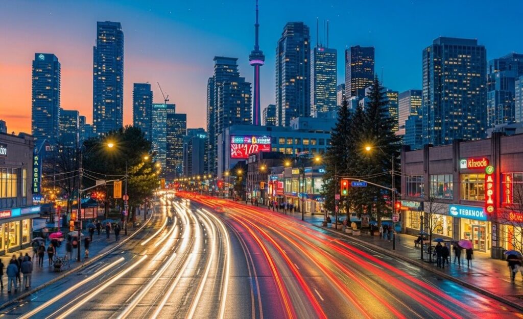 カナダの都市のビルと車