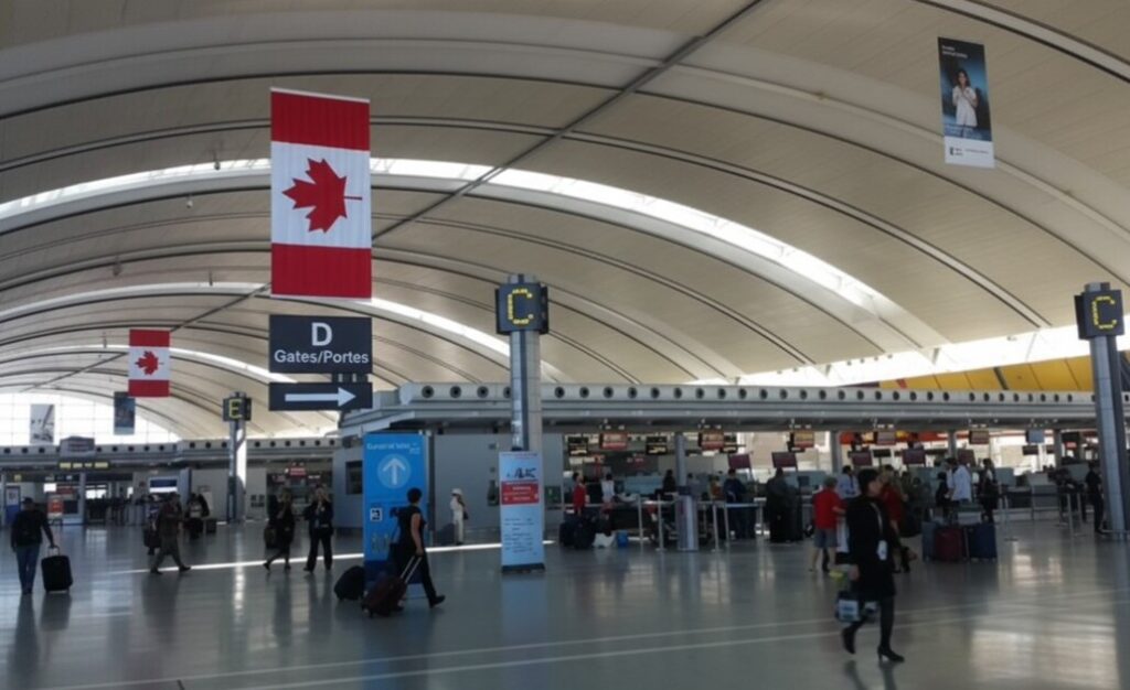 カナダの空港のターミナルで人々が行きかう様子