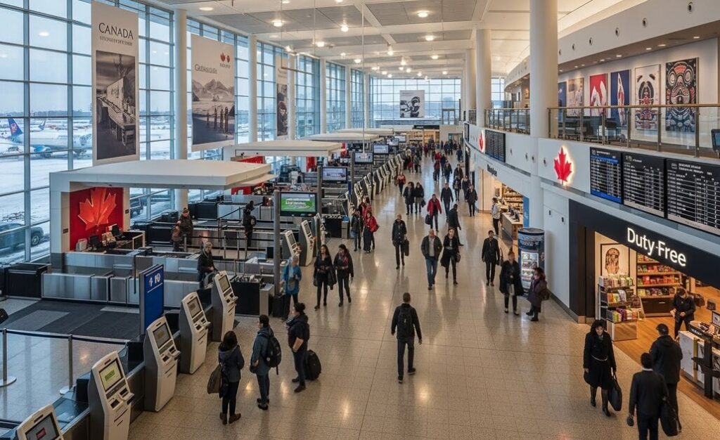 カナダの空港内の人込み