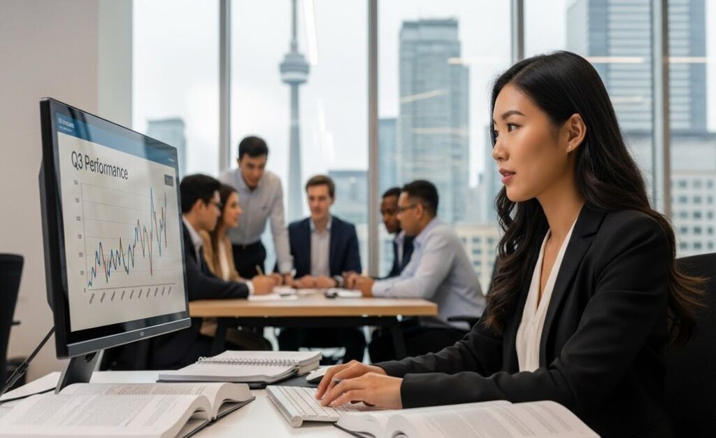 カナダのオフィスでデスクワークに集中している女性