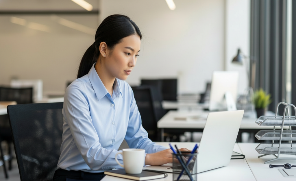 オフィスでパソコンを操作するインターンの様子