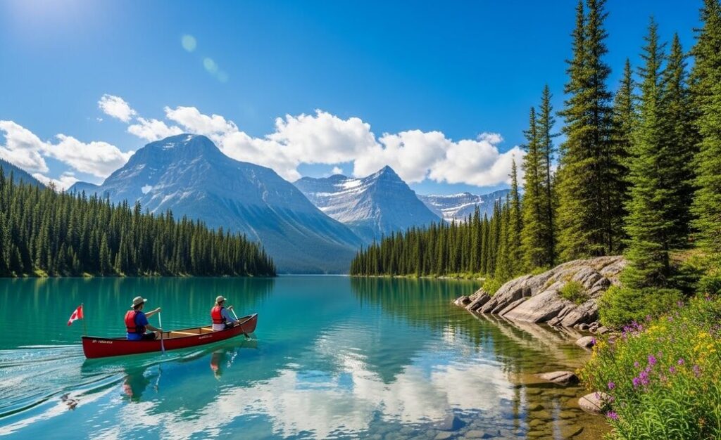 カナダの雄大な山々に囲まれた湖で、人々がカヤックをしている光景
