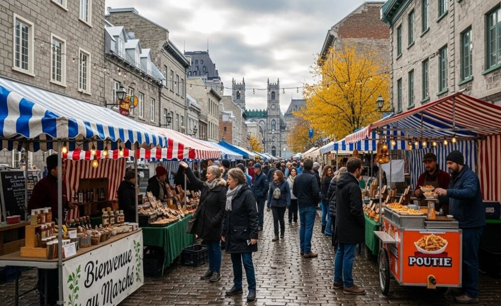 カナダの冬のホリデーマーケットの人だかり
