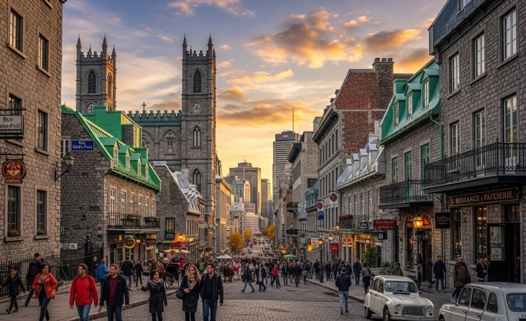 カナダの都市の街で多くの人が行き交いにぎわっている
