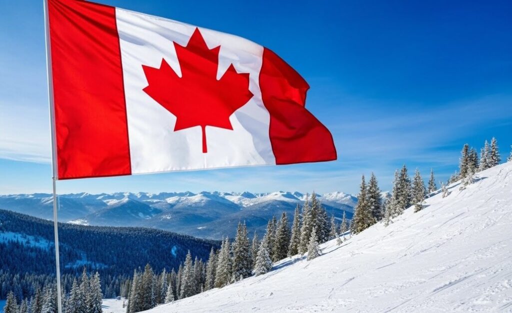 冬の雪山に立つカナダの国旗