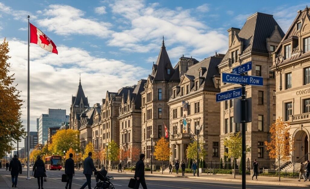カナダの町の風景と国旗