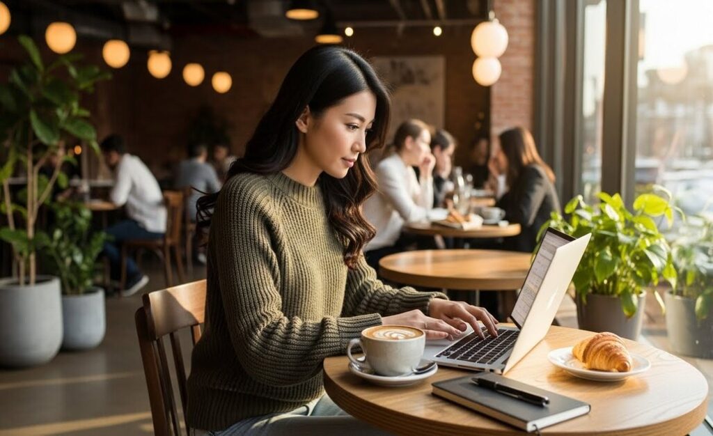 カフェでPCを操作している女性