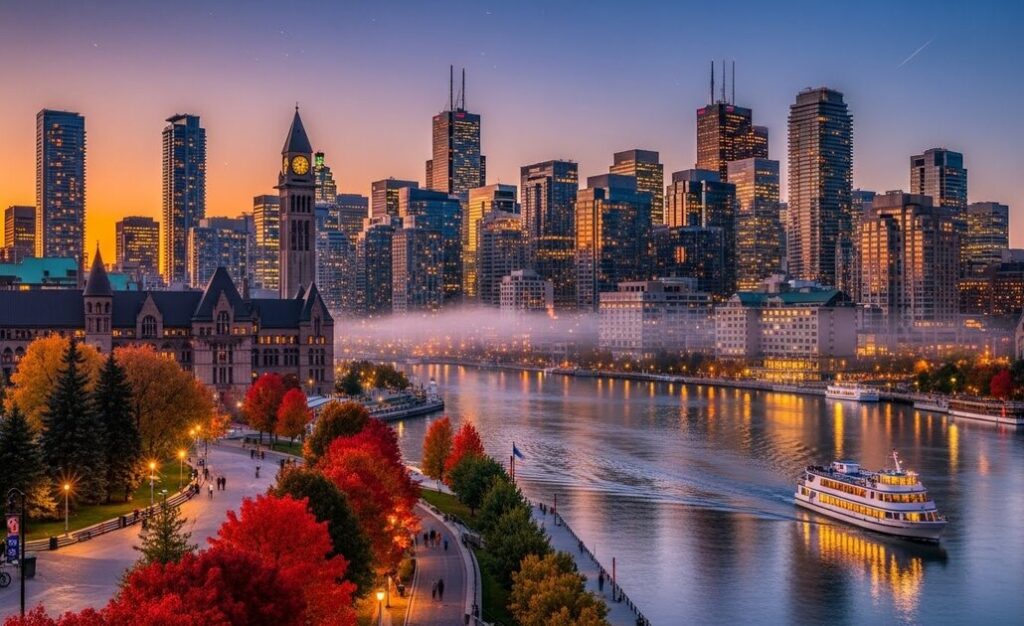 カナダの高層ビル群を前に広がる川の夜景