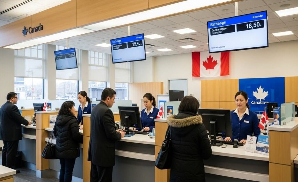 カナダの銀行で手続きを行う人々