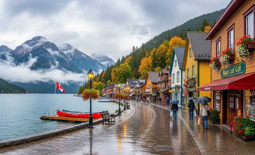 カナダの湖と町に風景